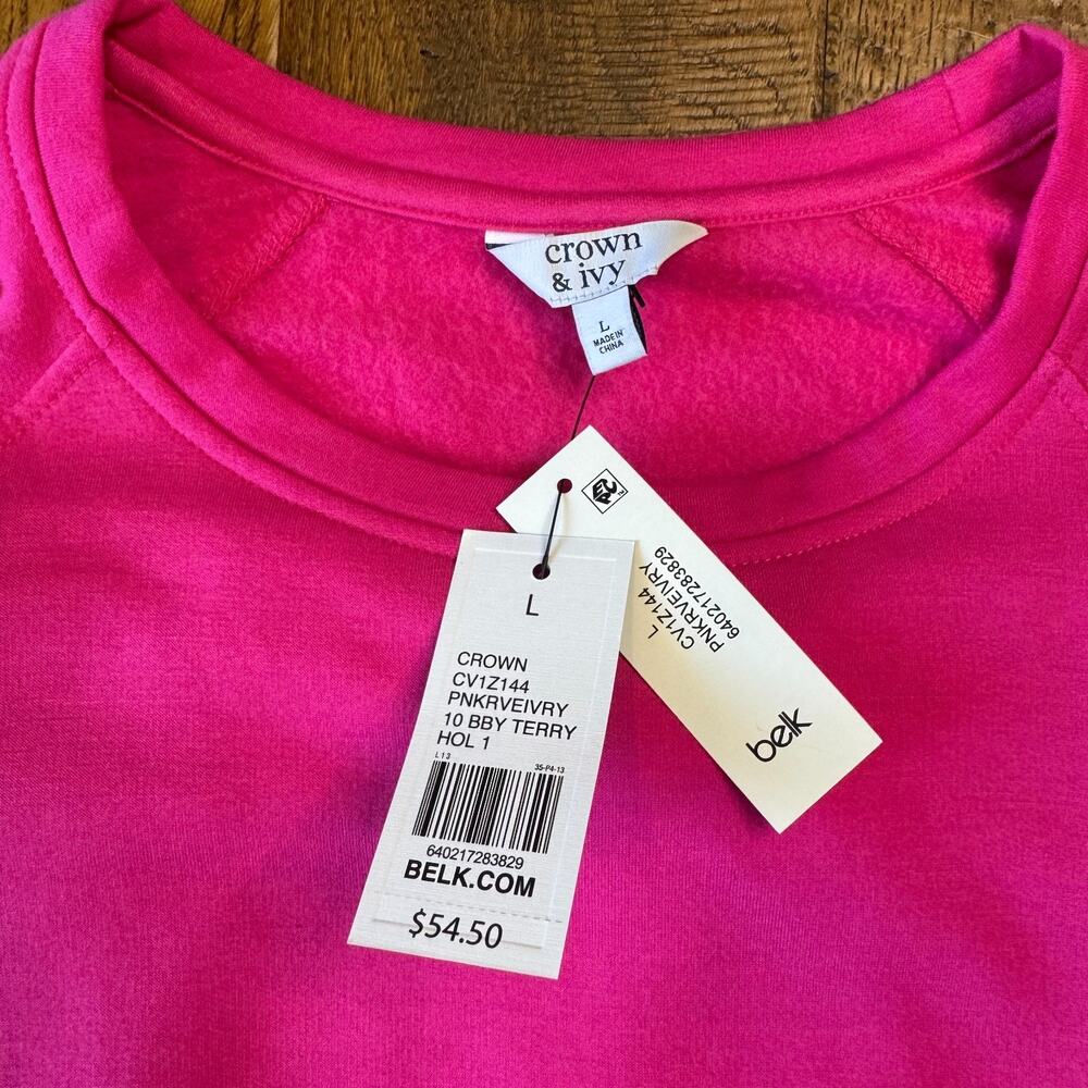 Crown & Ivy Hot Pink 2 Piece Sweat Set Sweatshirt & Pants Size L Women's - Picture 2 of 12